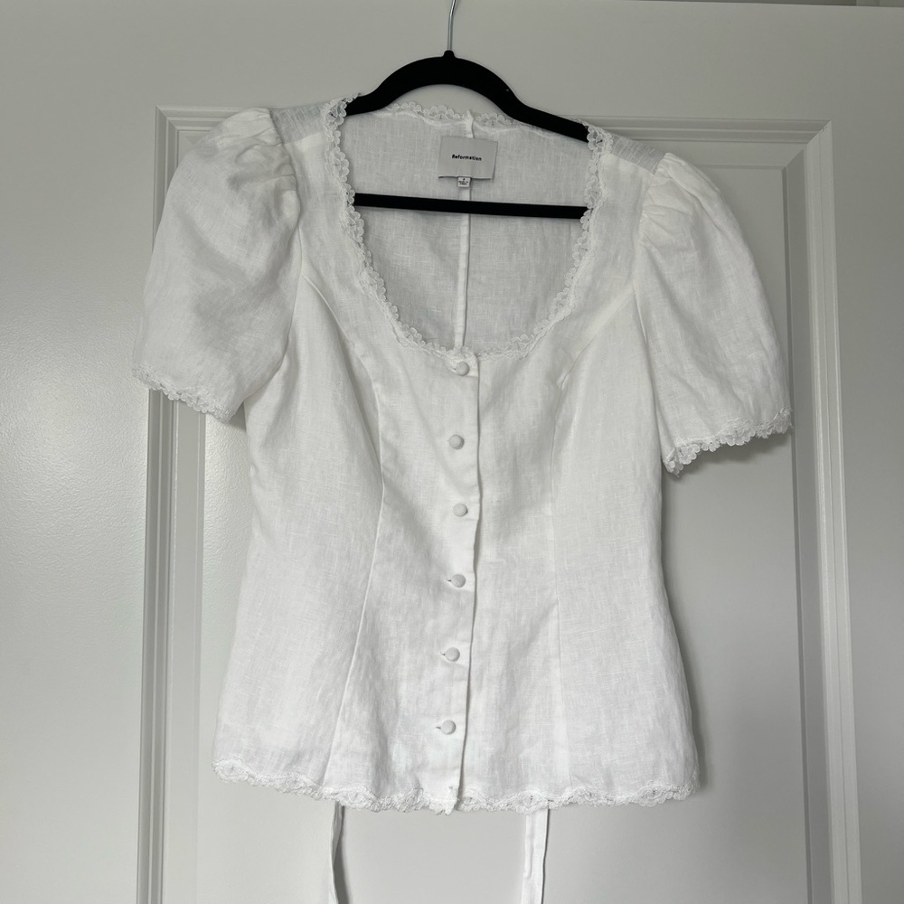 Reformation Anabella linen lace detail top